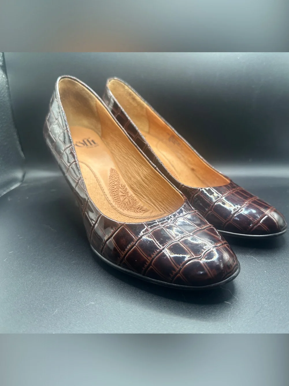 Sofft Croc-Embossed Brown Low Heel Pumps